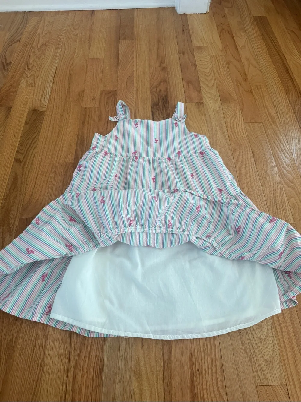 Gymboree Seaside Palms Embroidered Flamingo Seersucker Tiered Dress, Size 10